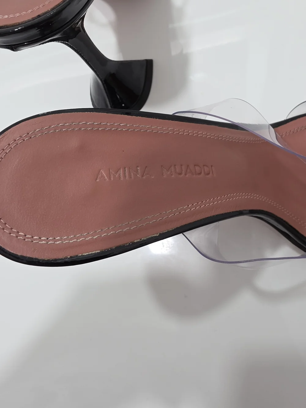 Amina Muaddi Black Patent Slide Heels with Clear Straps and Crystal Trim